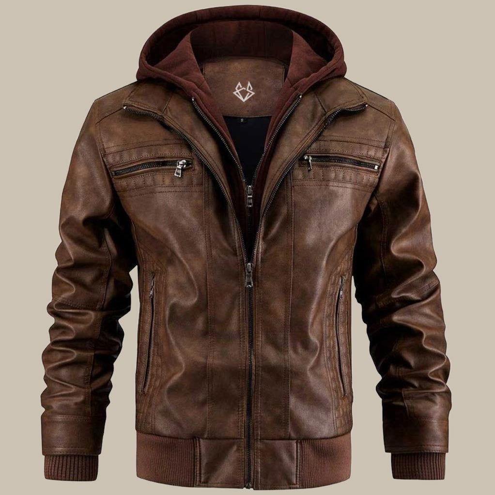 Men's Leather Style Hooded Jacket