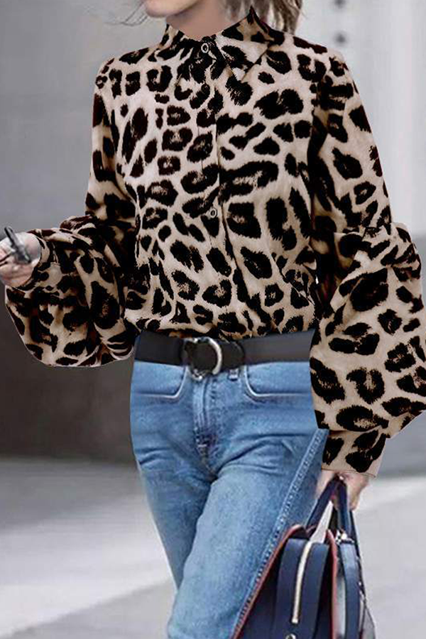Leopard Print Flowy Long Sleeve Blouse - OutfitLondon