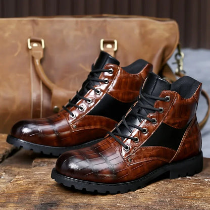 Men's Leather Boots Croc Embossed Brown