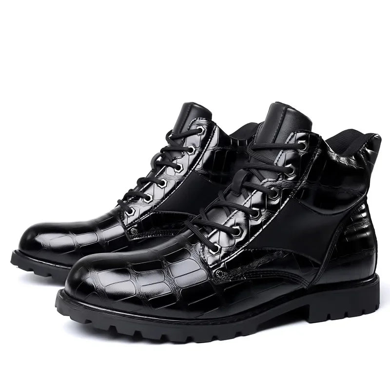 Men's Leather Boots Croc Embossed Brown