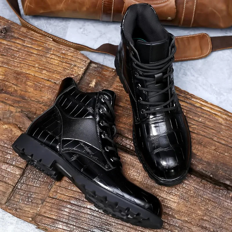 Men's Leather Boots Croc Embossed Brown