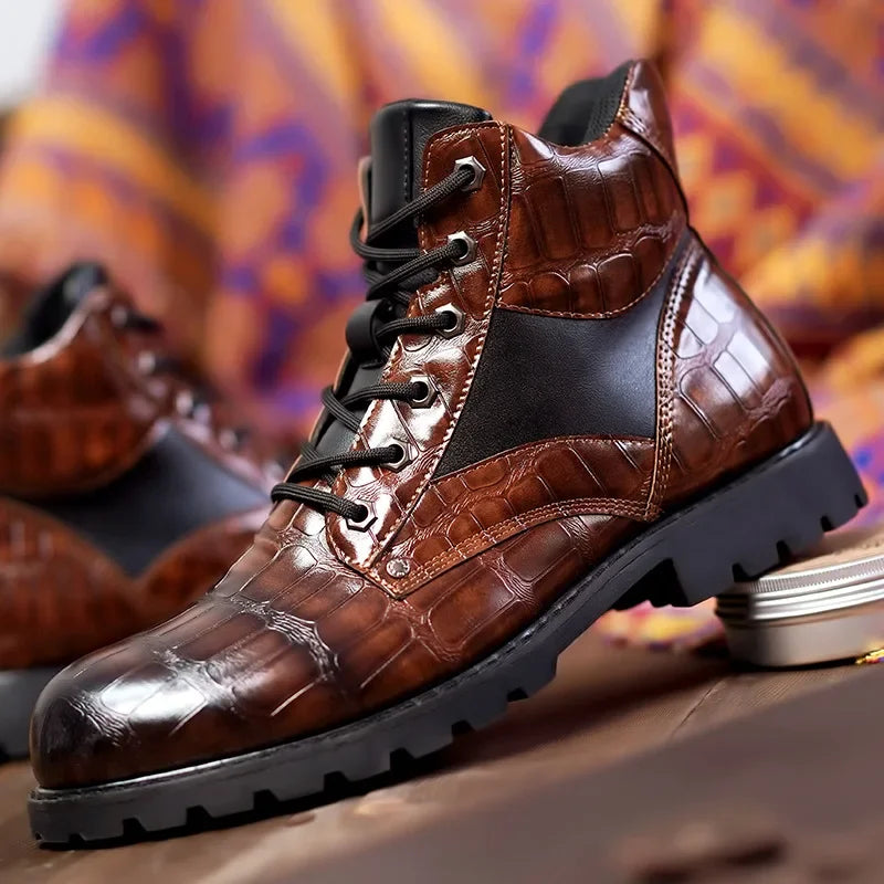 Men's Leather Boots Croc Embossed Brown