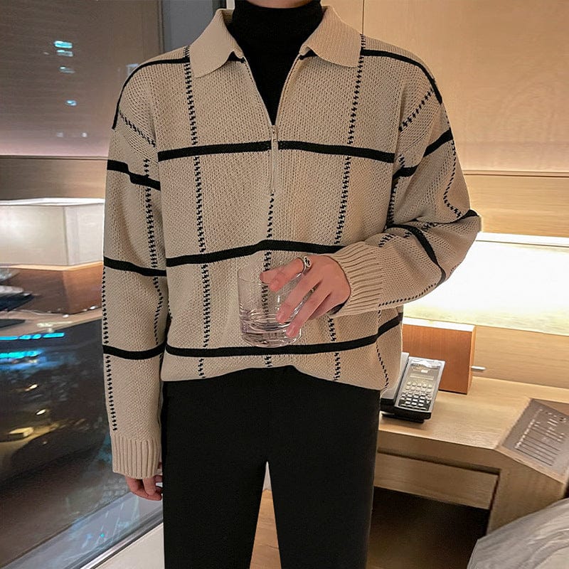 Warm Quarter Zip Plaid Sweater Men - OutfitLondon