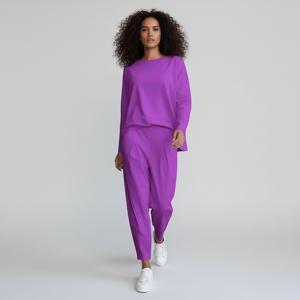 Casual 2 Piece Outfit Round Neck Top and Loose Pants