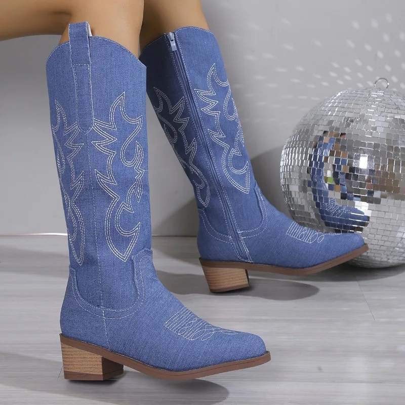 Women's Blue Jeans Western Boots with Embroidery and Low Heel - OutfitLondon