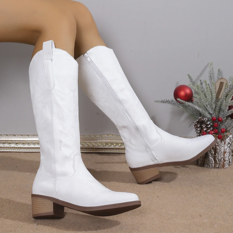 Women's Blue Jeans Western Boots with Embroidery and Low Heel