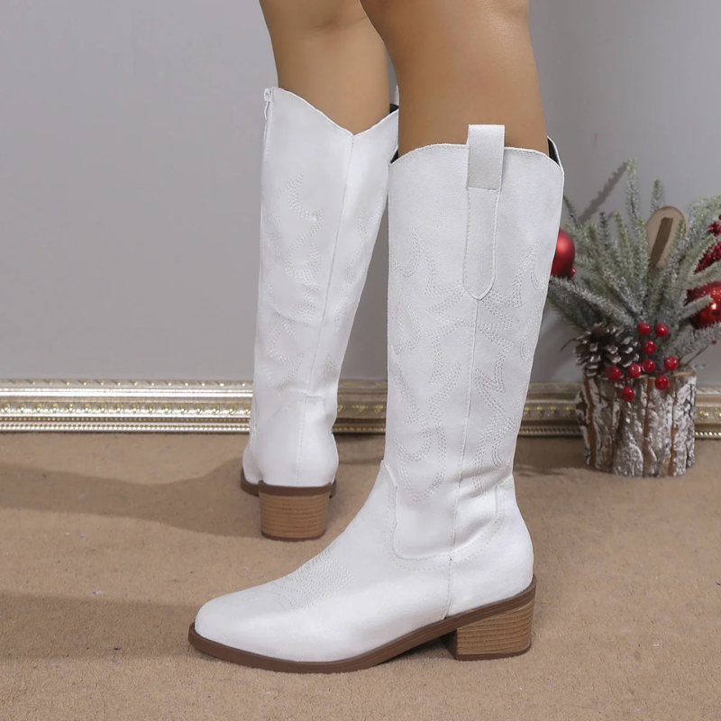 Women's Blue Jeans Western Boots with Embroidery and Low Heel