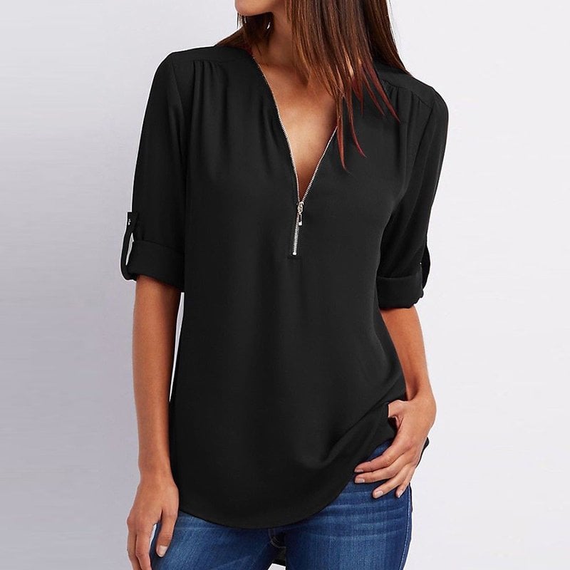 Chic Zip Front V Neck Top