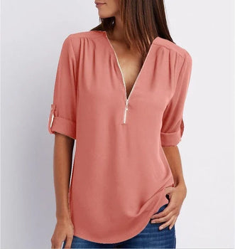 Chic Zip Front V Neck Top