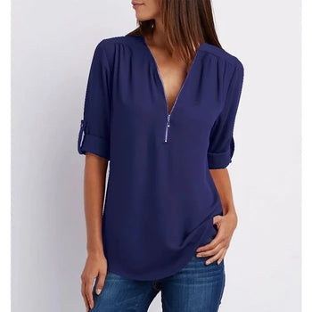 Chic Zip Front V Neck Top