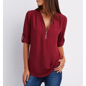 Chic Zip Front V Neck Top - OutfitLondon