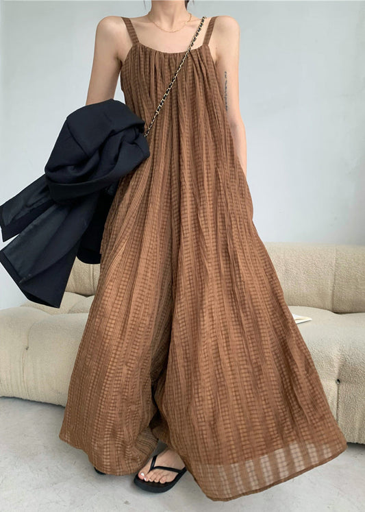 Women's Brown Jumpsuit Spaghetti Straps Backless Design - OutfitLondon