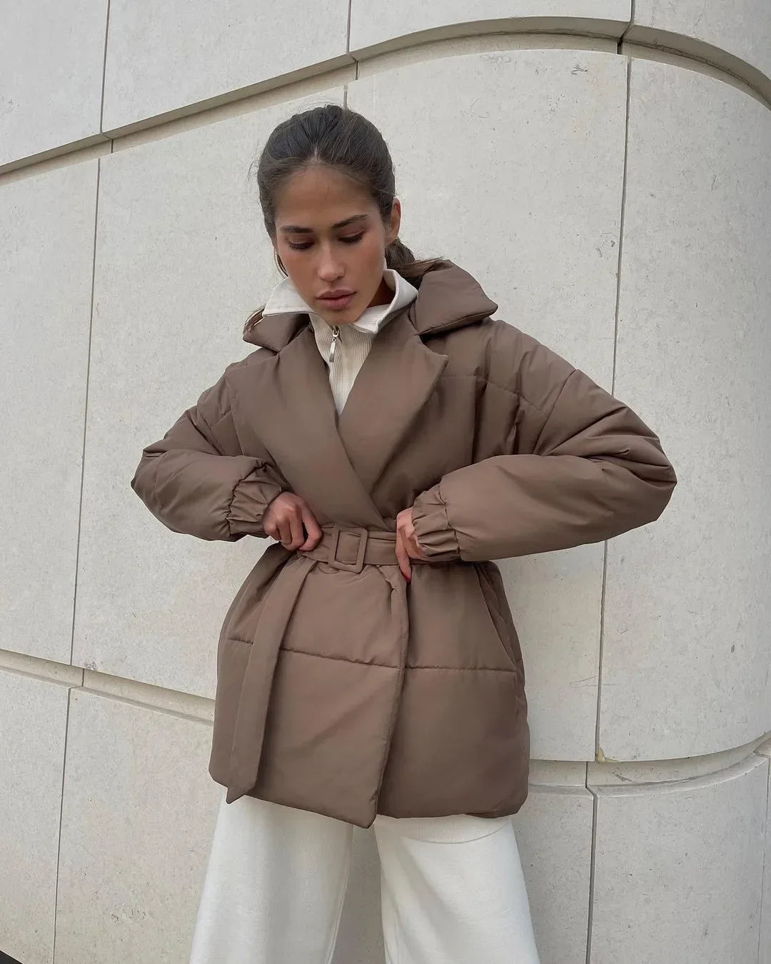 Warm Padded Belted Parka Coat for Ladies - OutfitLondon