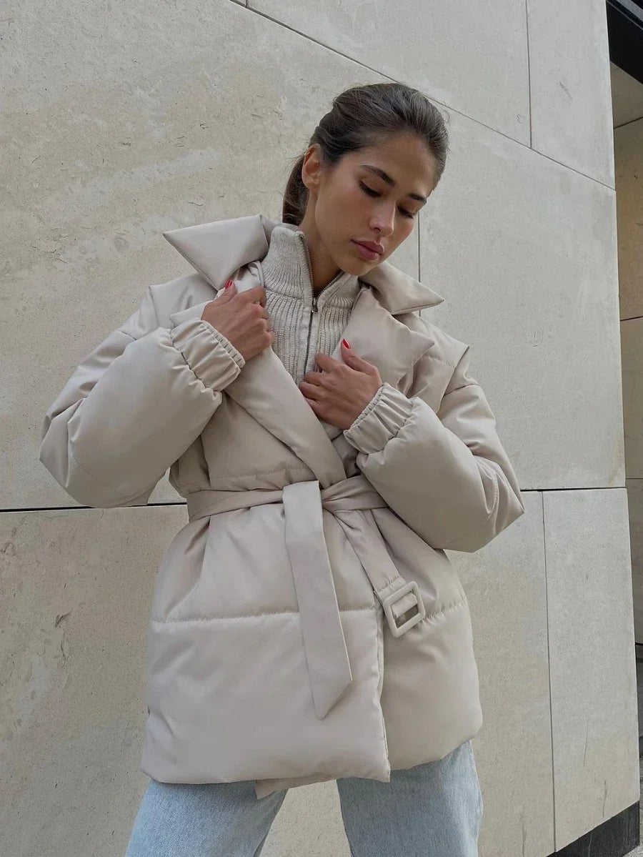 Warm Padded Belted Parka Coat for Ladies