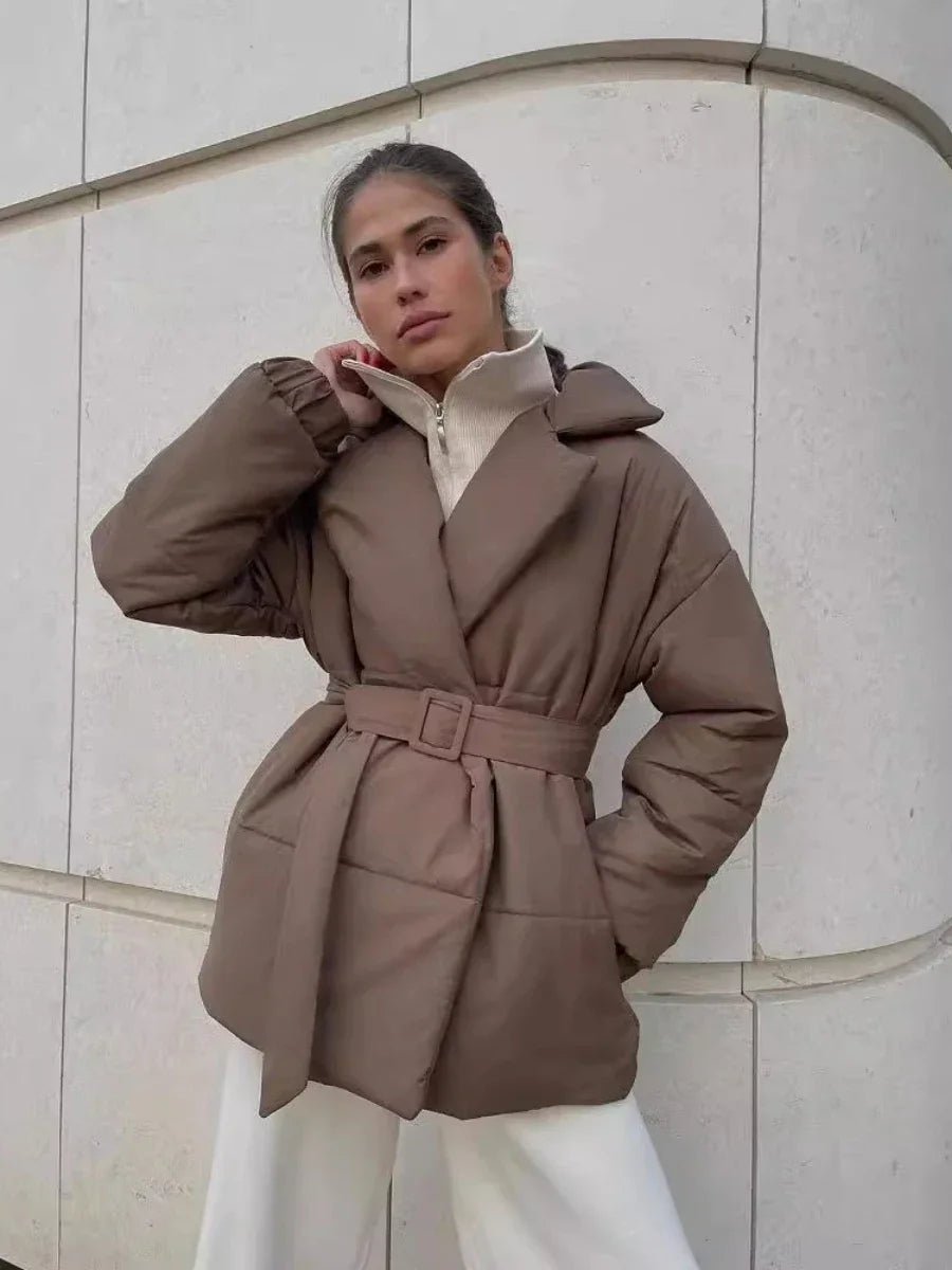 Warm Padded Belted Parka Coat for Ladies
