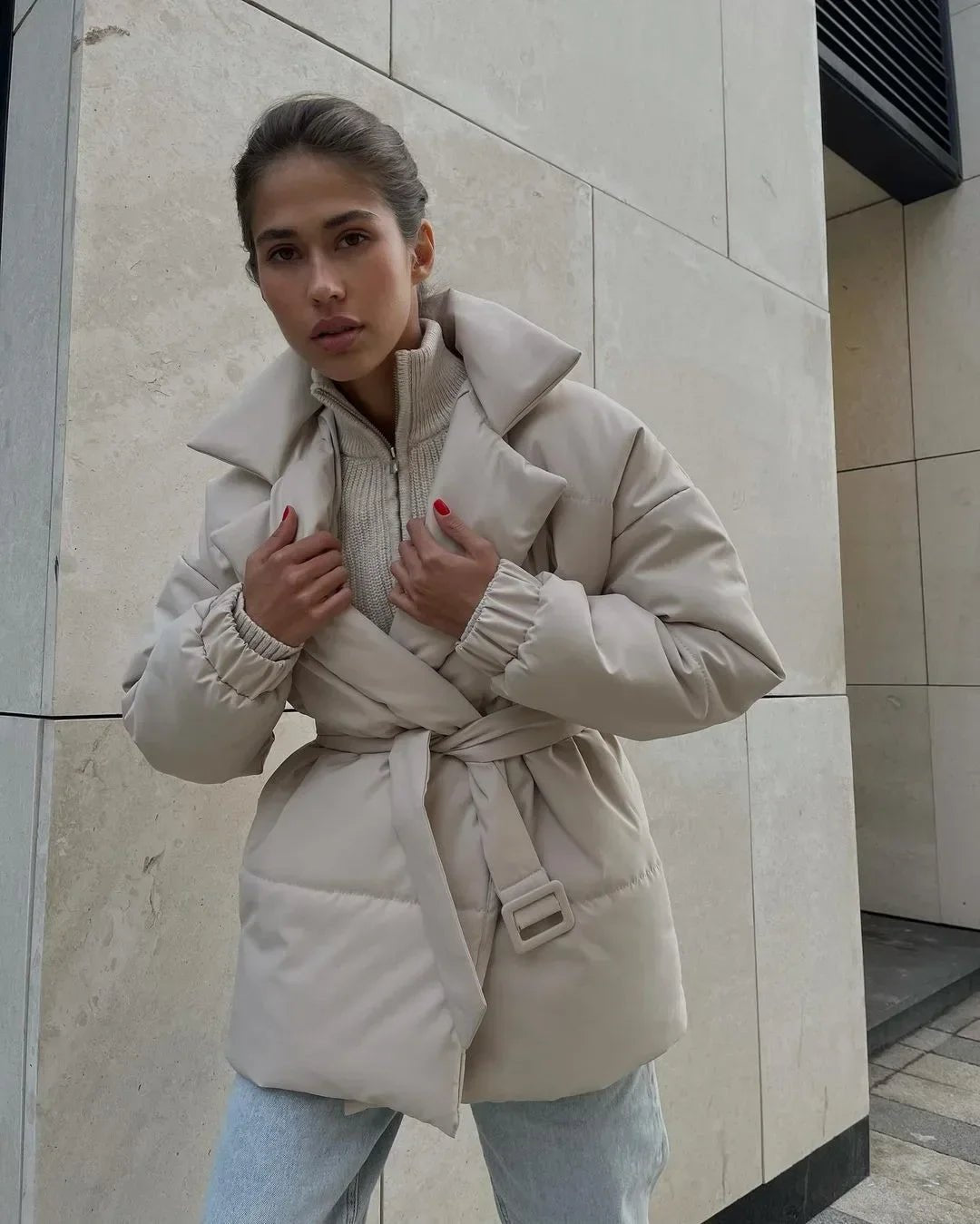 Warm Padded Belted Parka Coat for Ladies