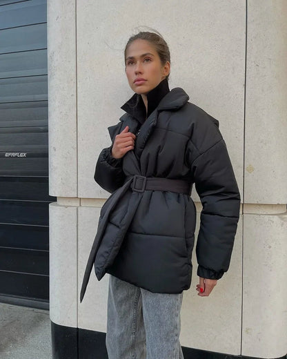 Warm Padded Belted Parka Coat for Ladies