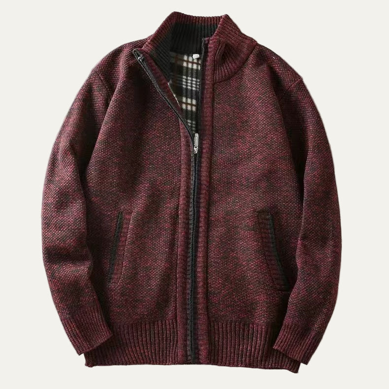 Men's Textured Crew Neck Zip Sweater Jacket