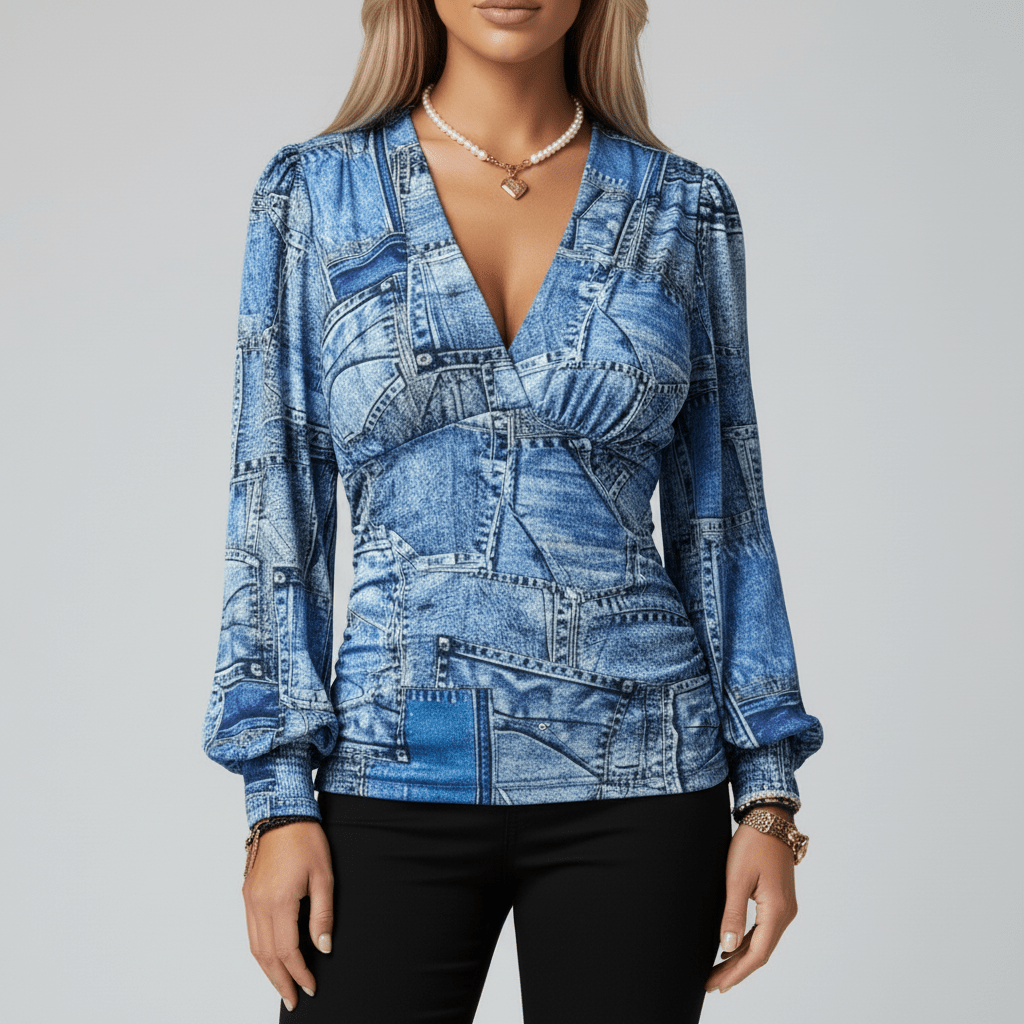 Elegant V-Neck Long Sleeve Women's Blouse with Gathered Waist - OutfitLondon