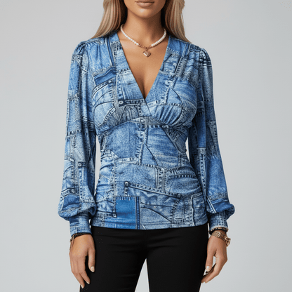 Elegant V-Neck Long Sleeve Women's Blouse with Gathered Waist - OutfitLondon