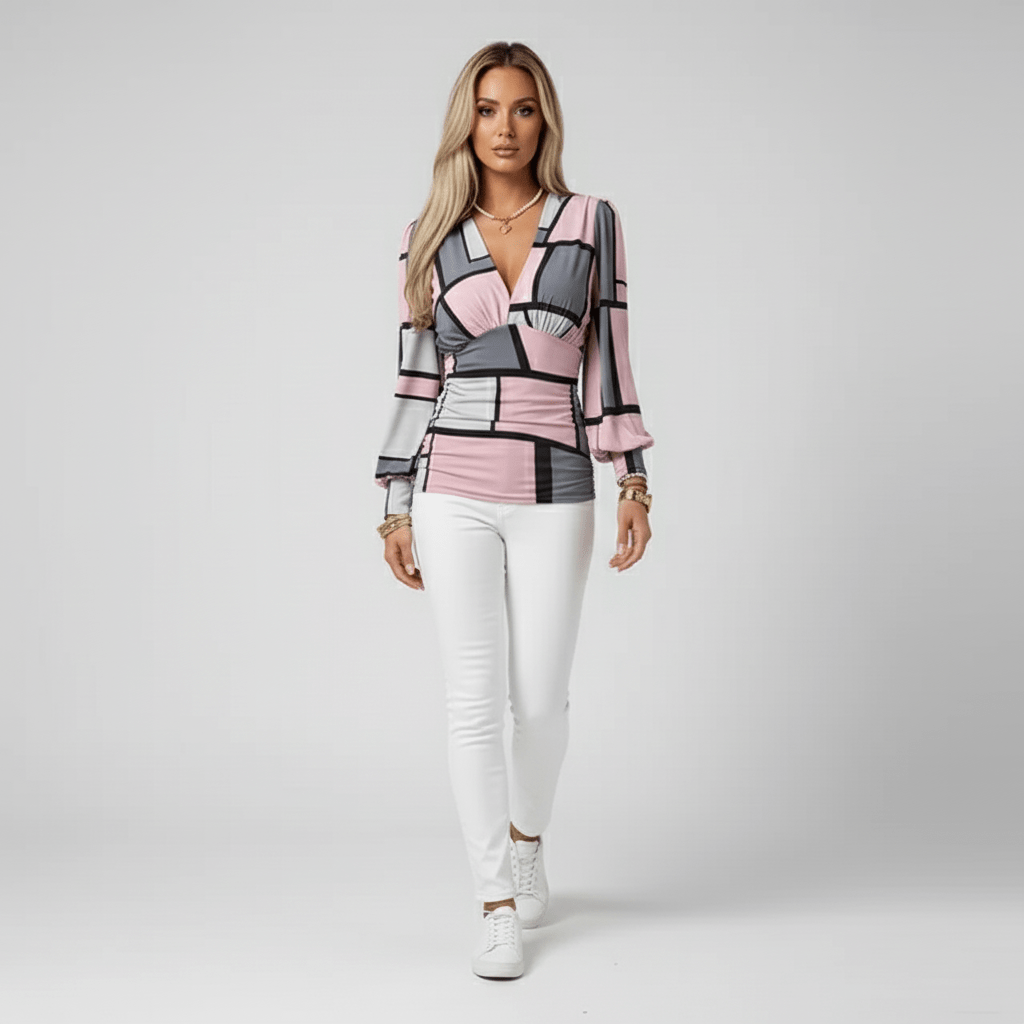 Elegant V-Neck Long Sleeve Women's Blouse with Gathered Waist