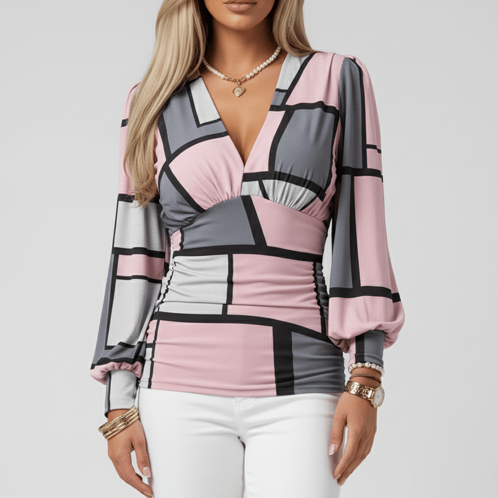 Elegant V-Neck Long Sleeve Women's Blouse with Gathered Waist