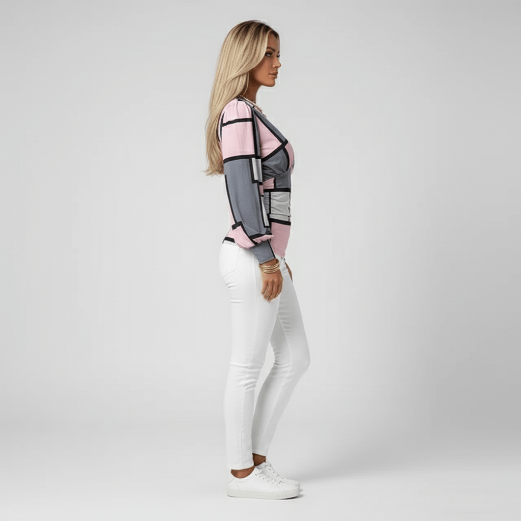 Elegant V-Neck Long Sleeve Women's Blouse with Gathered Waist