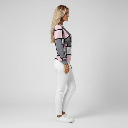 Elegant V-Neck Long Sleeve Women's Blouse with Gathered Waist