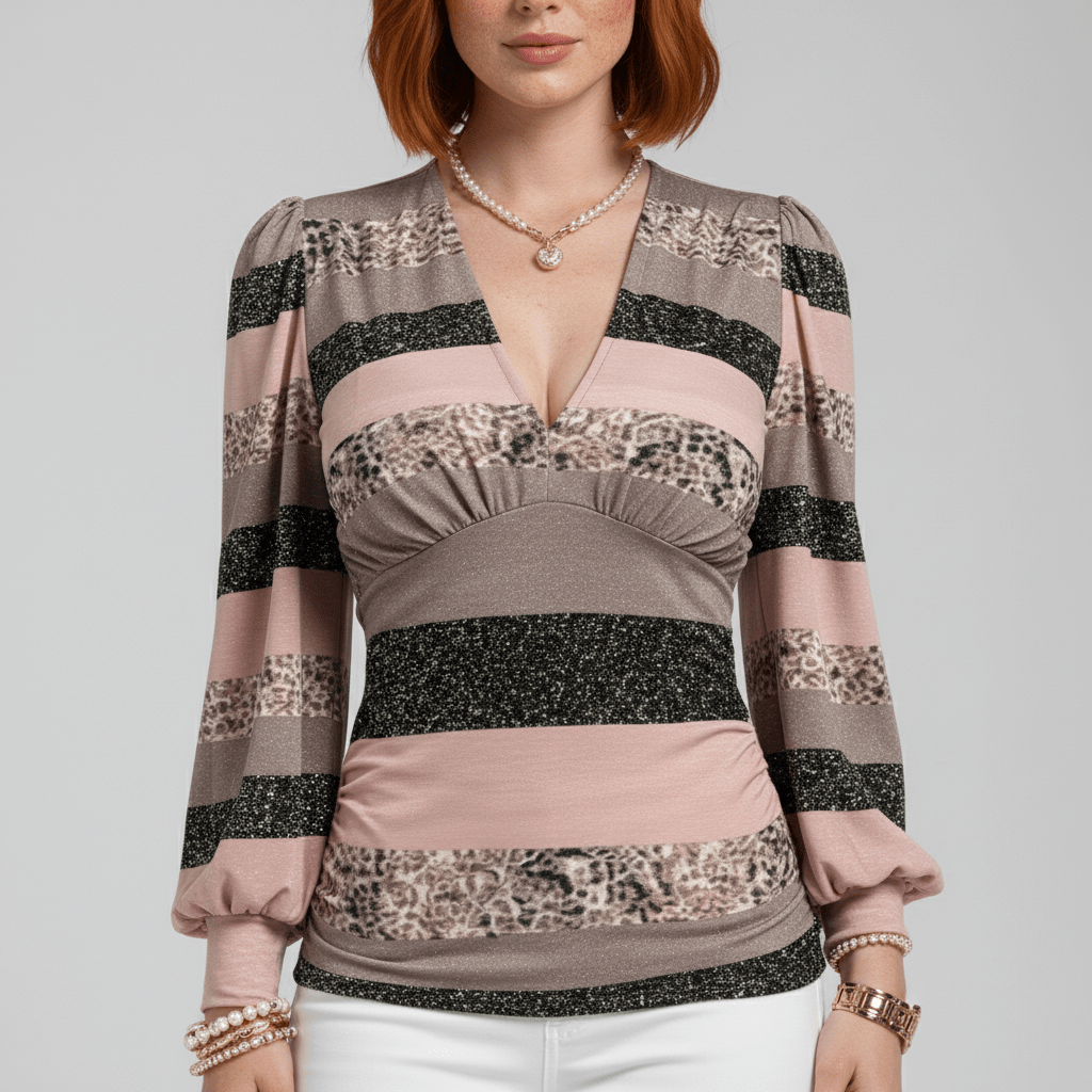 Elegant V-Neck Long Sleeve Women's Blouse with Gathered Waist