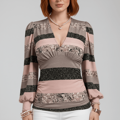 Elegant V-Neck Long Sleeve Women's Blouse with Gathered Waist
