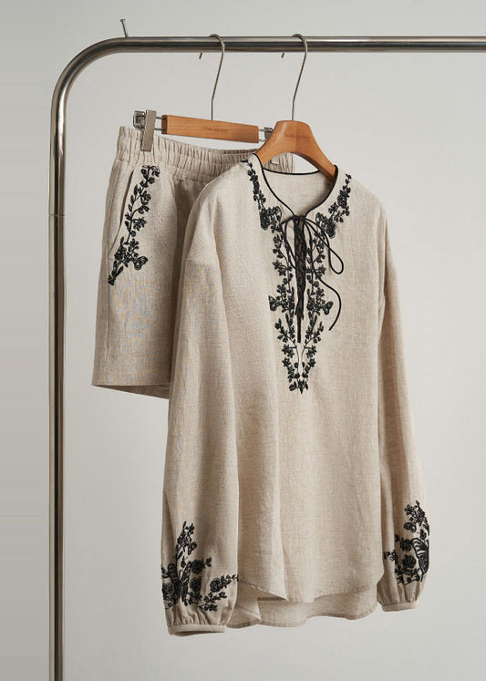 Women's Linen Embroidered 2 Piece Set Beige - OutfitLondon
