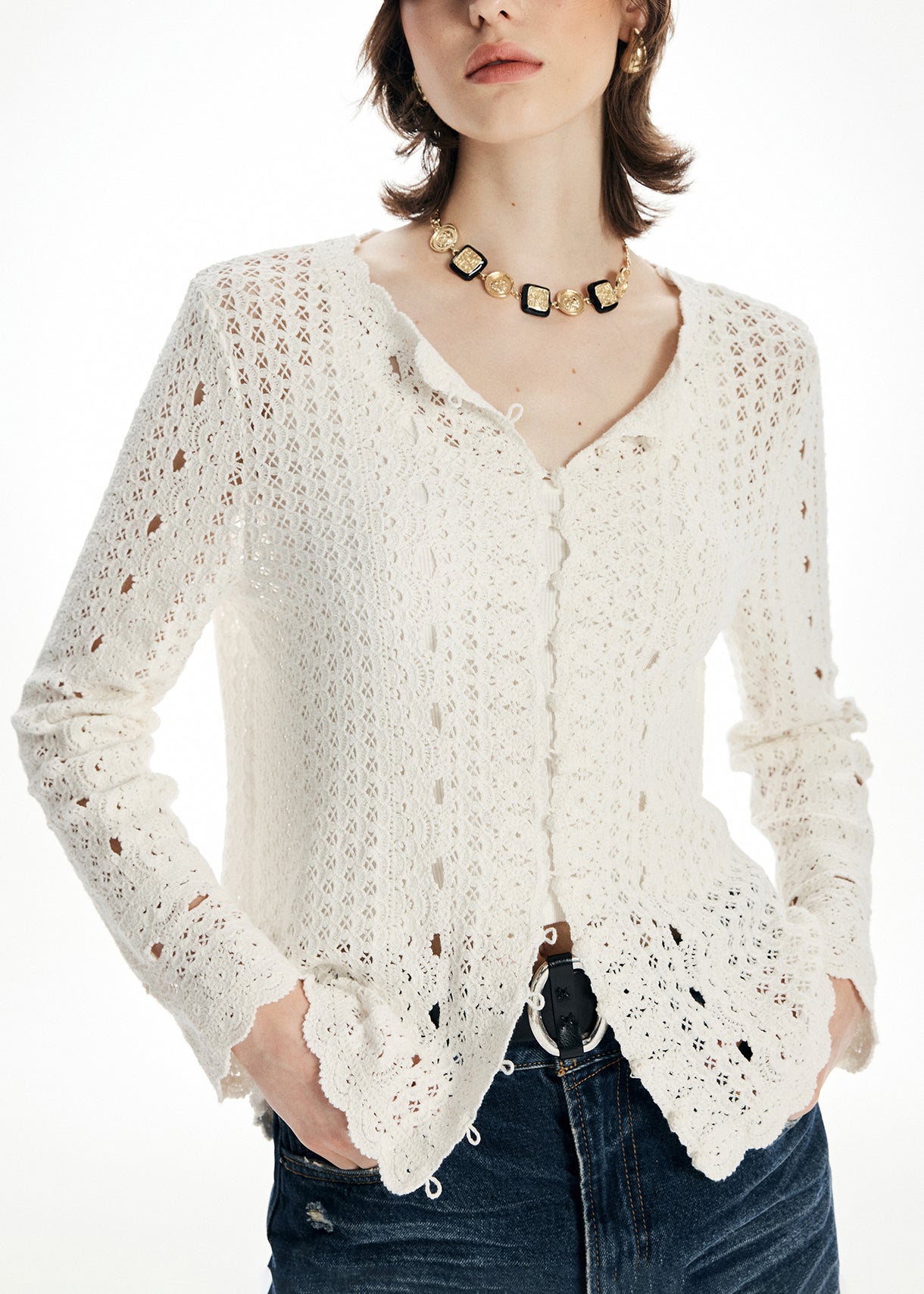 Women's Beige Knit Cardigan Round Neck Eyelet Detail - OutfitLondon
