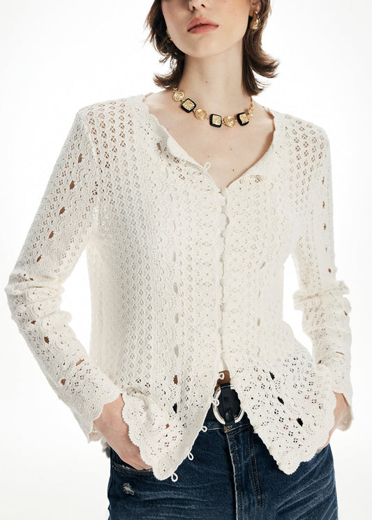Women's Beige Knit Cardigan Round Neck Eyelet Detail - OutfitLondon
