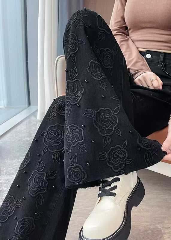 Women's Flared Denim Pants Black Floral Embroidery - OutfitLondon
