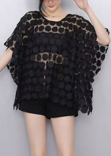 Women's Black Lace Batwing Sheer Evening Wear - OutfitLondon