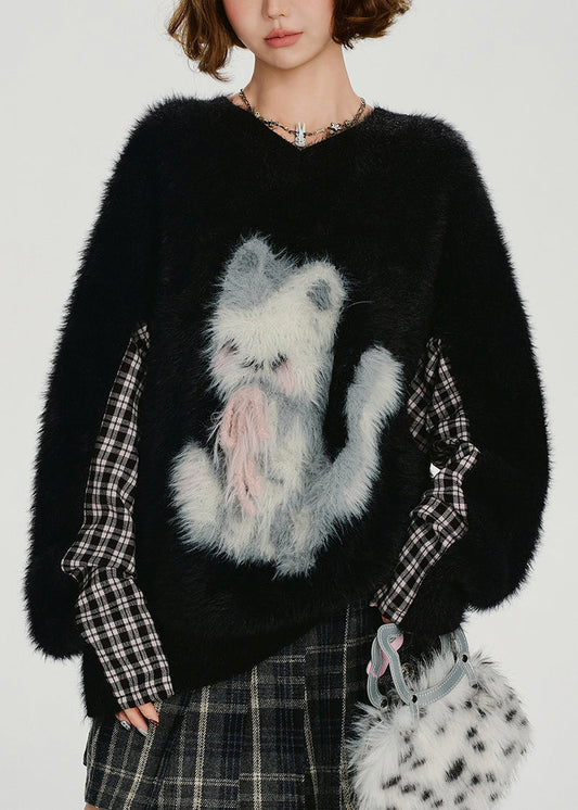 Women's Oversized Patchwork Sweater Faux Fur Black - OutfitLondon