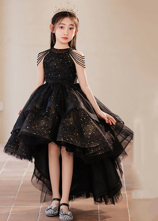Girls Long Tulle Dress Black Glitter Finish - OutfitLondon