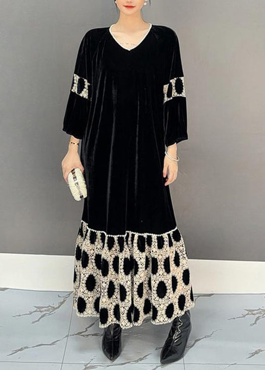 Women's Black Maxi Dress V Neck Patchwork Relaxed Fit - OutfitLondon