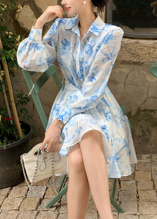 Women's Blue Cotton Shirt Dress Peter Pan Collar Tie Waist - OutfitLondon