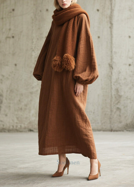 Women's Brown Cotton Maxi Dress Lantern Sleeves - OutfitLondon