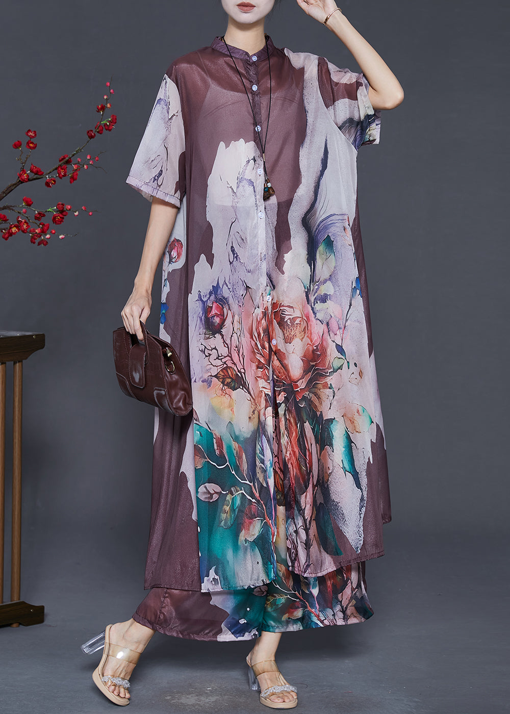 Women's Silk Chiffon Two Piece Set Brown Print Lightweight - OutfitLondon