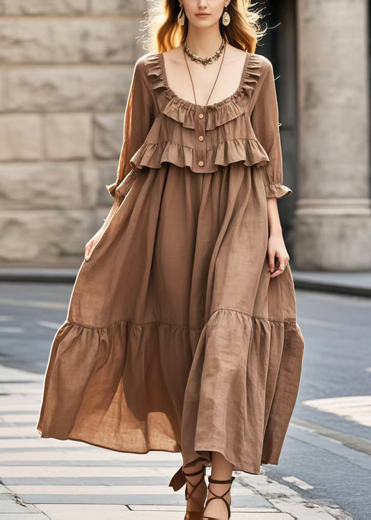 Women's Brown Ruffle Dress Cotton Blend U Neck Summer - OutfitLondon