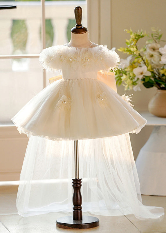 Girls Elegant Tulle Dress Short Sleeves Lightweight Champagne - OutfitLondon