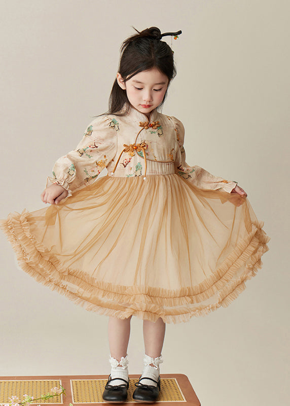 Girls Tulle Dress Button Details Stand Collar Spring Party Gown - OutfitLondon