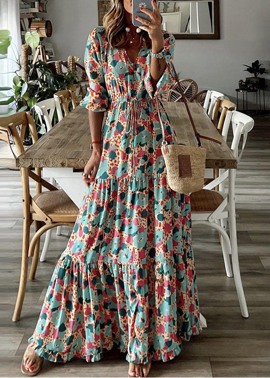 Women's Cotton Blend Summer Dress Ankle Length Floral Print - OutfitLondon
