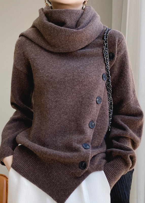 Women's Wool Sweater Coffee Color Button Detail - OutfitLondon