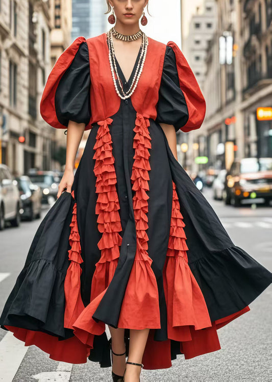 Women's Cotton Color Block Dress Ruffle Puff Sleeves - OutfitLondon