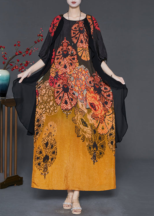 Women's Silk Maxi Dress Gradient Patchwork Print - OutfitLondon
