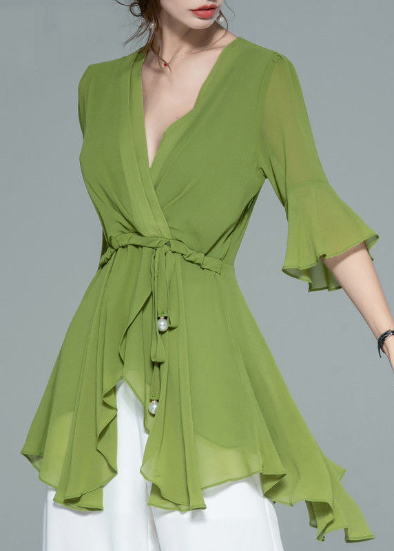 Women's Green Silk Chiffon Blouse Asymmetric Lace Up Mid Sleeves - OutfitLondon