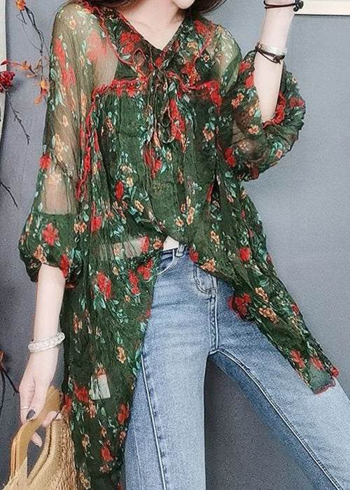 Women's Silk Chiffon Blouse Green Tie Neck Breathable - OutfitLondon